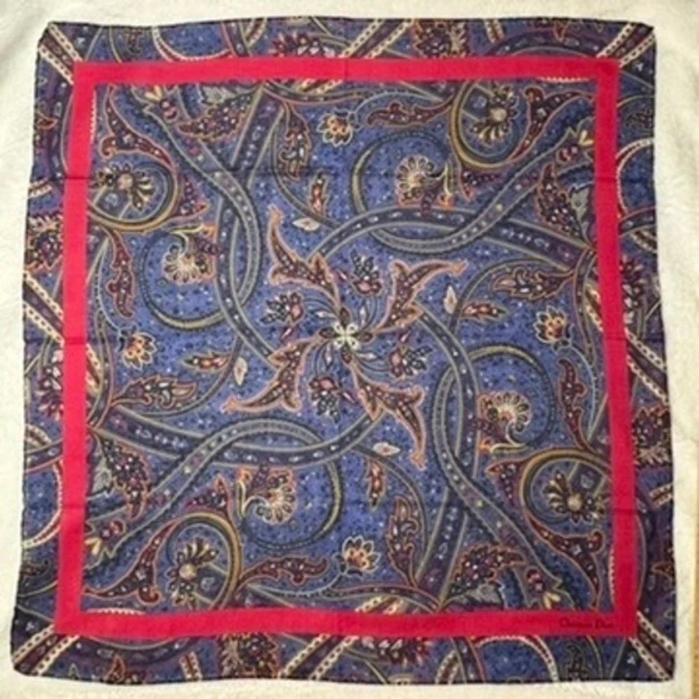 Vtg CHRISTIAN DIOR Scarf Handkerchief Paisley Blue Red 21